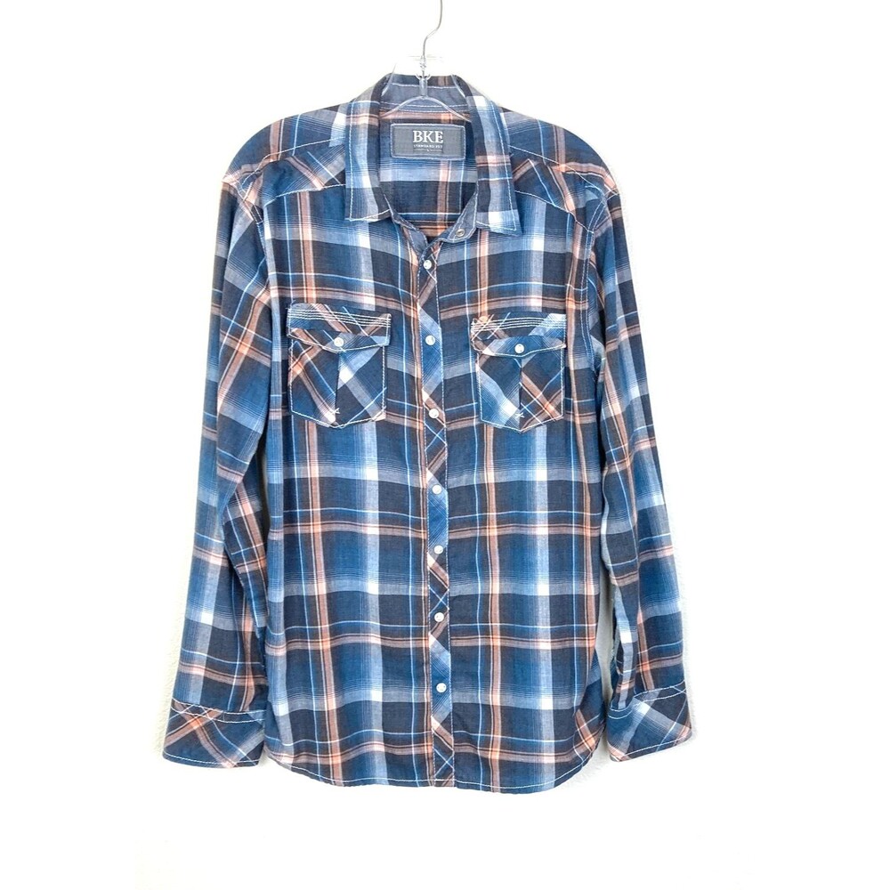 BKE Buckle Men's Shirt Plaid Western Pearl Snap Size L Standard Fit Blue Orange